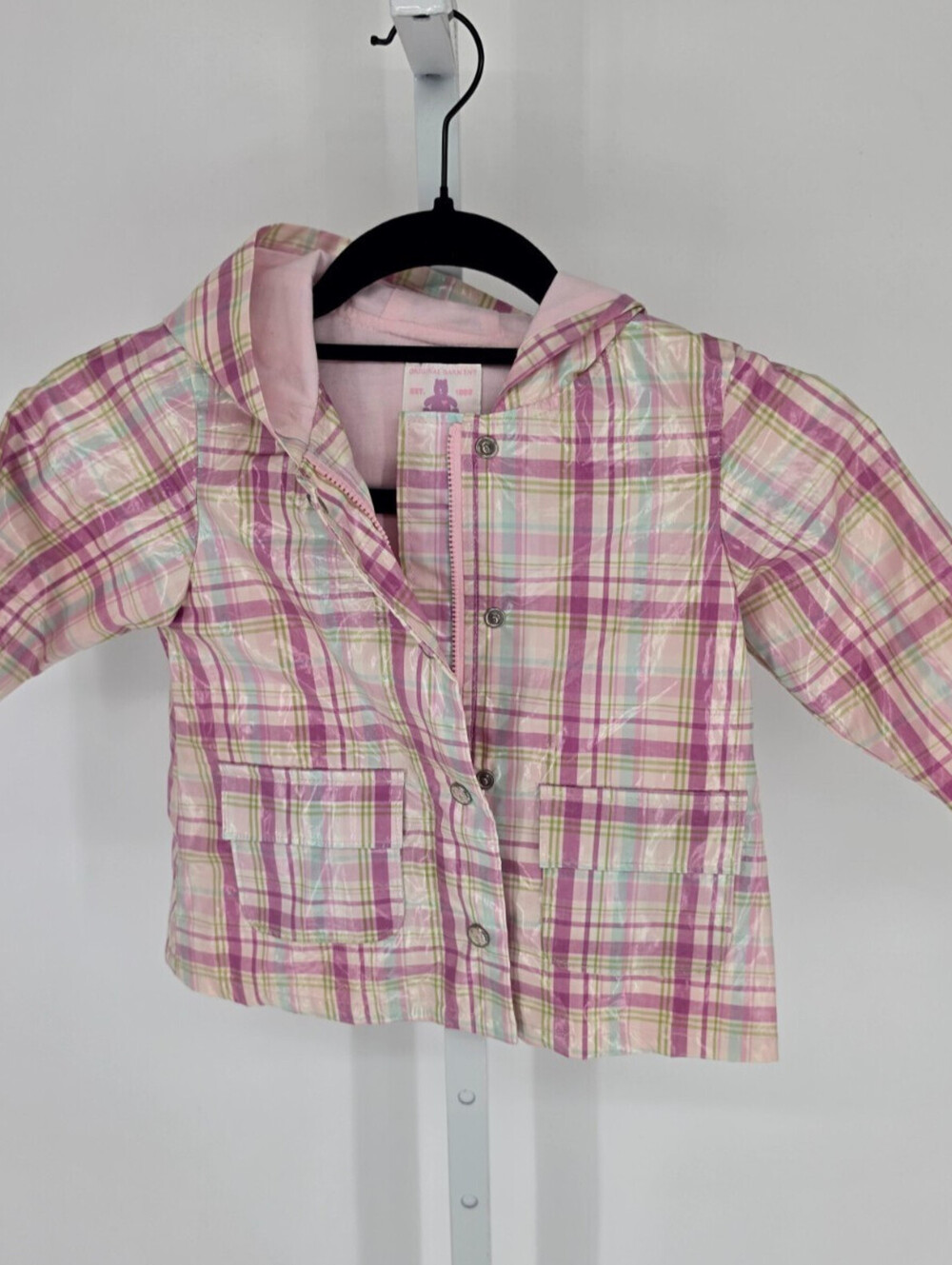 Baby Gap Girls Sz 18-24M Hooded Rain Jacket Pink White Plaid Raincoat